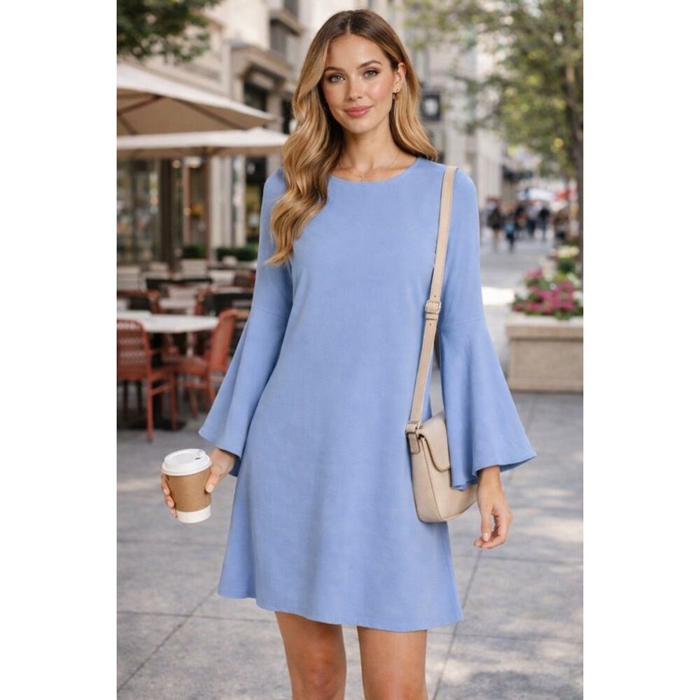 Aqua Women's A-Line Mini Crepe Shift Dress in Light Blue. Bell Sleeves. Size S